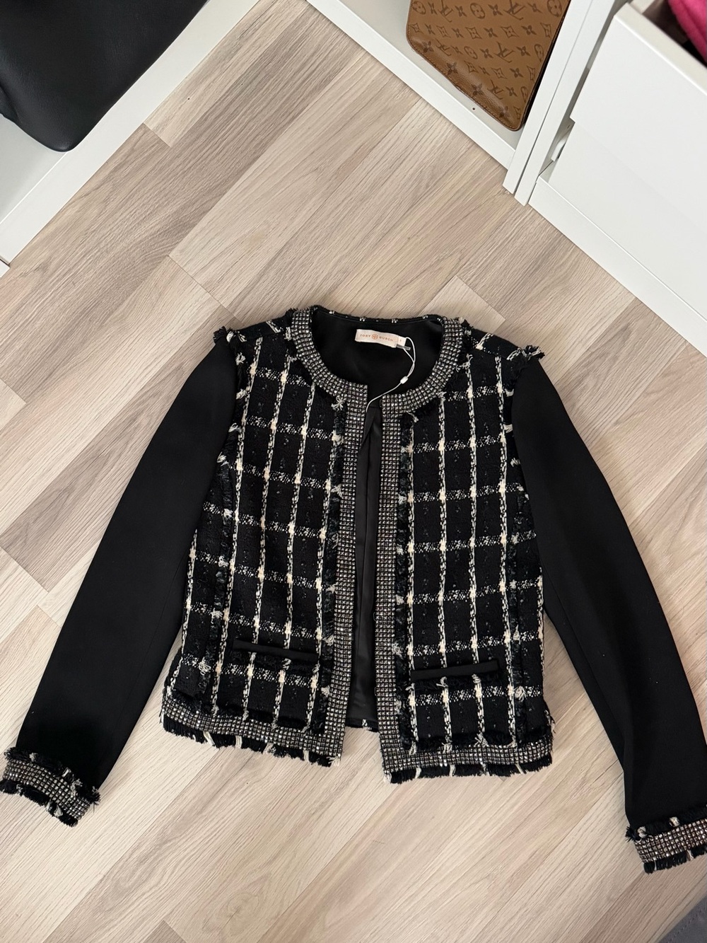 Tory Burch Black and White Tweed-Style Blazer